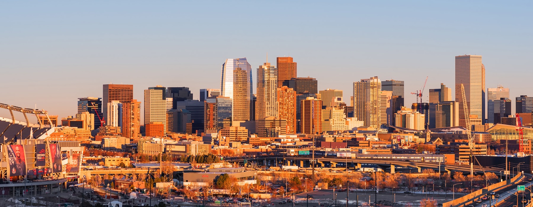a city skyline with freeways