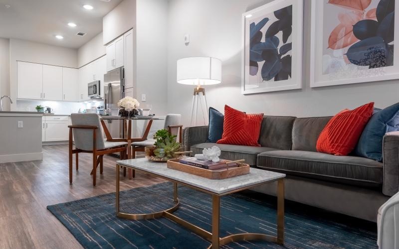 a living room with a couch and a coffee table