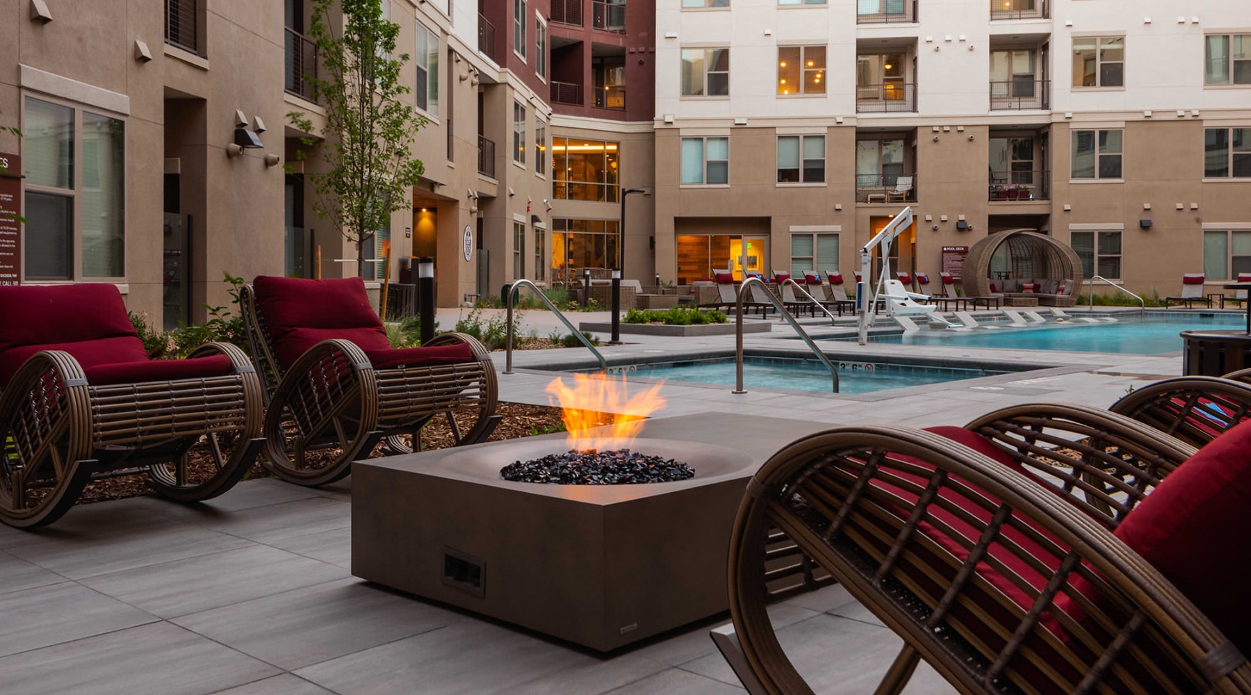 a fire pit in a courtyard